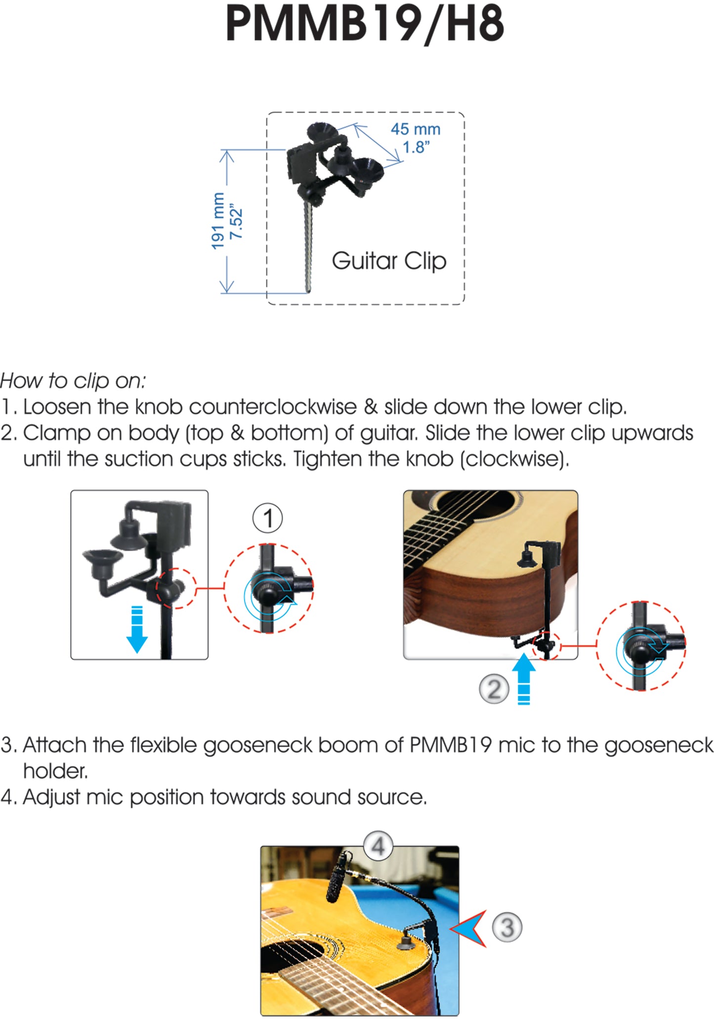 AV-JEFES PMM19B-H4P-GT Guitar Clip-On Musical Instrument Microphone for Audio Technica Wireless Microphone and Phantom Power Input