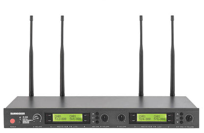 Rannsgeer 4-Channel UHF Wireless Microphone System - 128 Selectable Frequencies, Rackmountable Receiver with 4 Headsets and 4 Lapel Mics
