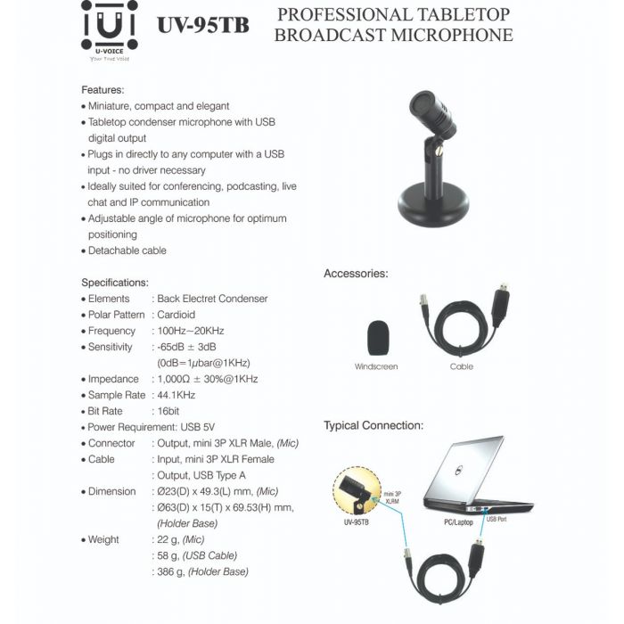 U-Voice UV-95TB Tabletop Condenser Broadcasting Recording Vocal Mini USB Microphone for PC/Laptop, YouTube Streaming Videos, Conference Meeting