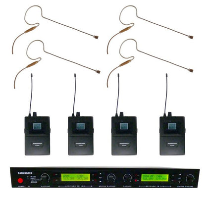 Rannsgeer 4-Channel UHF Wireless Microphone System - 4 Cocoa Headsets