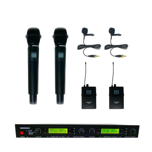 Rannsgeer UHF R288H2L2 4-Channel Wireless Microphone Combo System w/ 2 Handheld & 2 Lapel