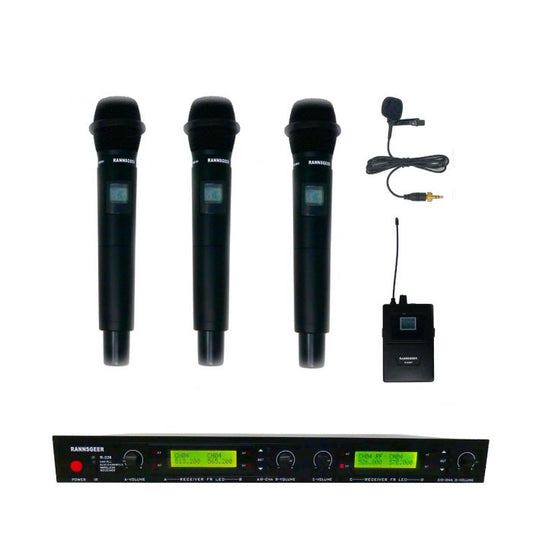 Rannsgeer UHF R288H3L 4-Channel Wireless Microphone Combo System w/ 3 Handheld & 1 Lapel