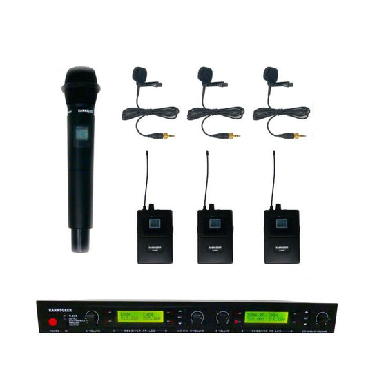Rannsgeer UHF R288HL3 4-Channel Wireless Microphone Combo System w/ 1 Handheld & 3 Lapel