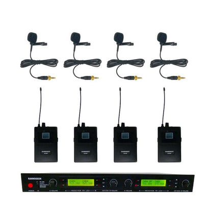 Rannsgeer UHF Wireless Microphone System - 4 Channel Lapel Lavalier, 128 Selectable Frequencies
