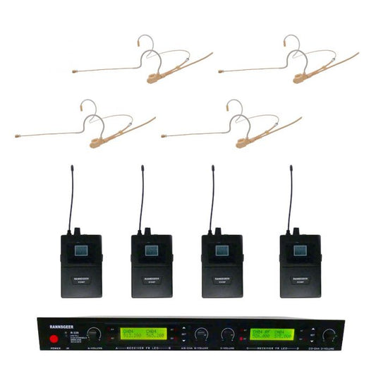 Rannsgeer UHF R288-70D-FR 4-Channel Mini Headset Wireless Microphone with Dual Ear Hook Frame