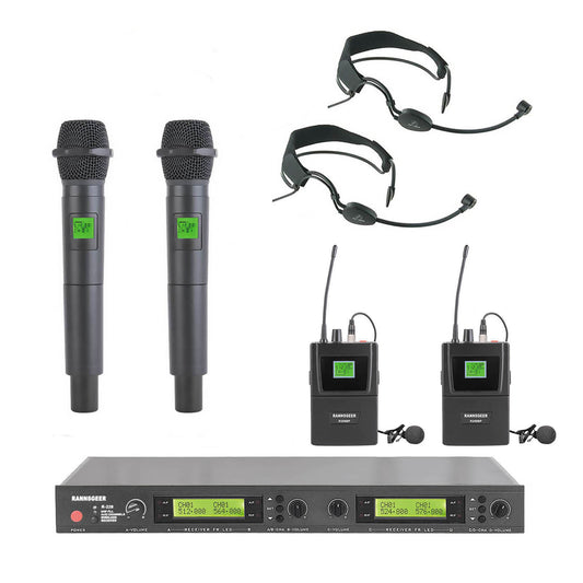 Rannsgeer UHF R288H2HS2 4-Channel Wireless Microphone Combo System w/ 2 Handheld & 2 Headset Mic
