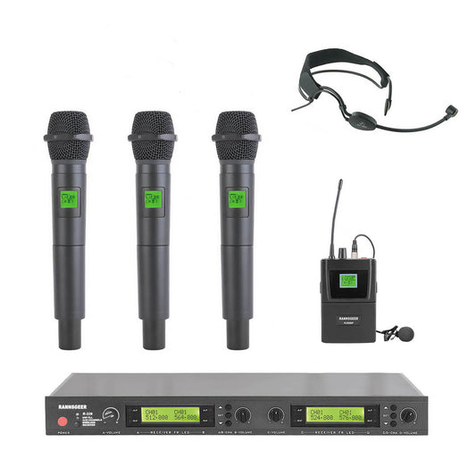 Rannsgeer UHF R288H3HS1 4-Channel Wireless Microphone Combo System w/ 3 Handheld & 1 Headset Mic