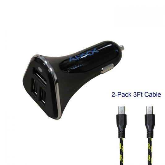 APXX UCA3B-34S 3-port Smart USB Car Charger bundle with 2 Micro USB Cable