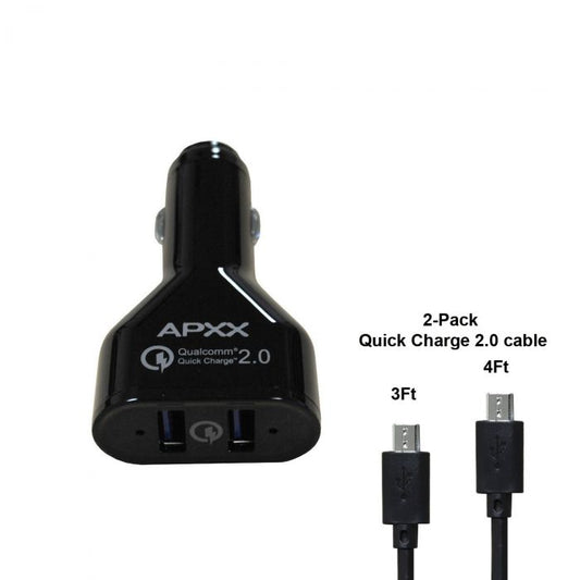 APXX UCQ2-2A 2-port Quick Charge 2.0 USB Car Charger bundle with 2 QC2.0 Micro USB Cable