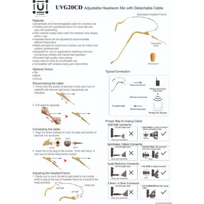 U-Voice UVG20 Tan Color Headset Microphone with Straight Detachable Cable for AKG (Straight Cable)